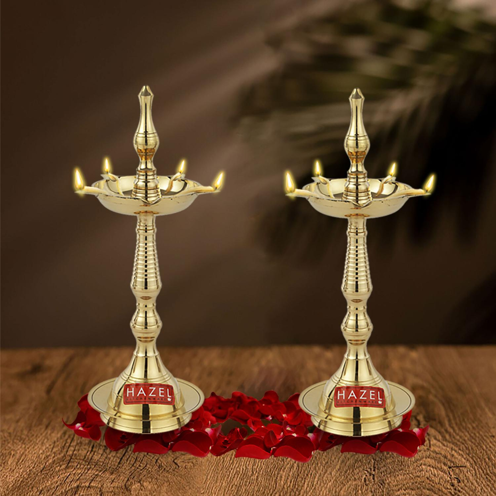 HAZEL Samai Diya for Puja | Brass Lamps for Pooja with Glossy Finish, Golden, Set of 2