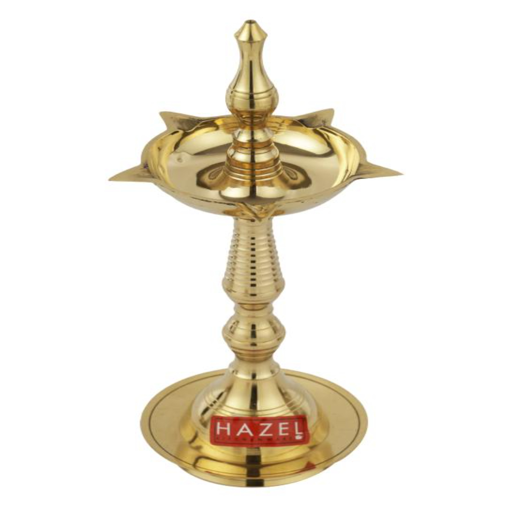 HAZEL Samai Diya for Puja | Brass Lamps for Pooja with Glossy Finish, Golden, Set of 2