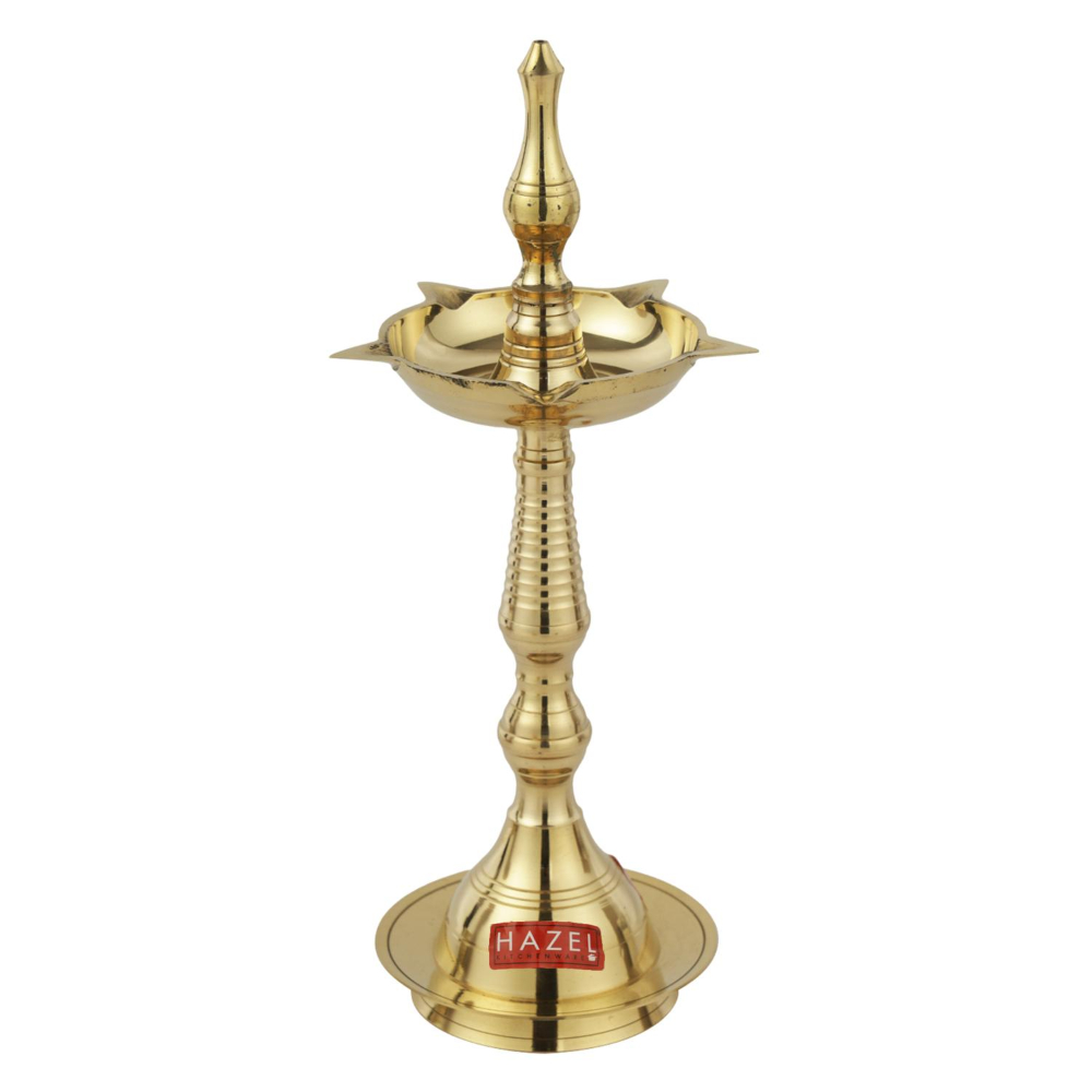 HAZEL Samai Diya for Puja | Brass Lamps for Pooja with Glossy Finish, Golden, Set of 2