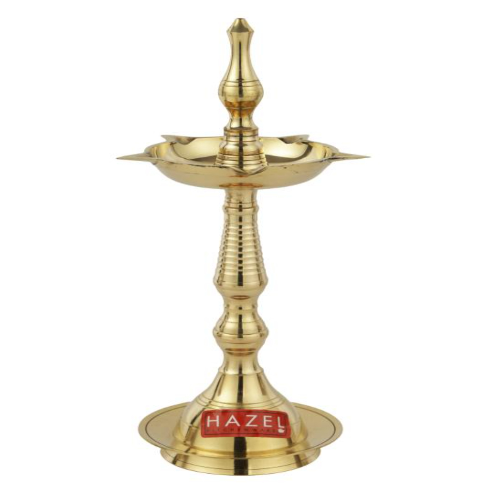 HAZEL Samai Diya for Puja | Brass Lamps for Pooja with Glossy Finish, Golden, Set of 2