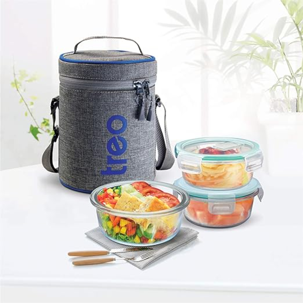 TREO by Milton All Fresh Borosilicate Glass Tiffin Lunch Box 3 Round Containers, 380 ml each