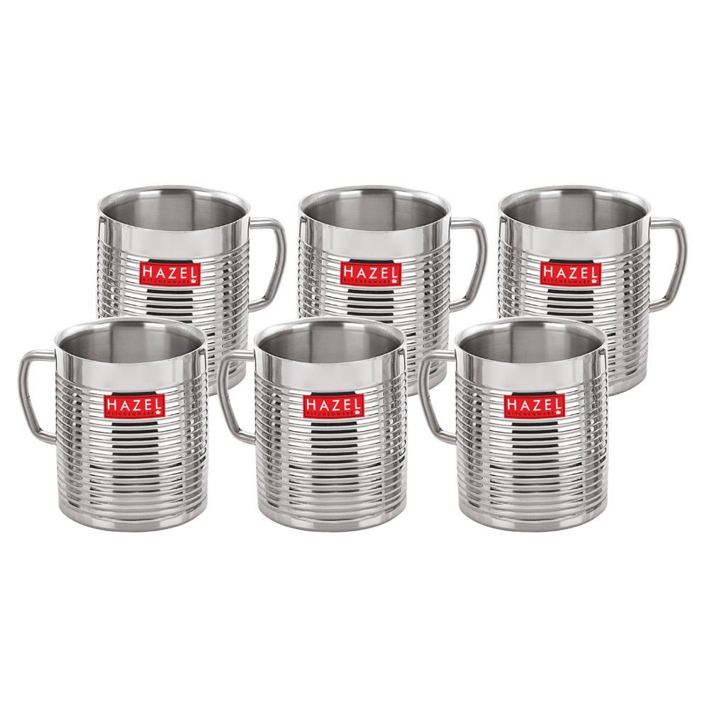 HAZEL Stainless Steel Green Tea Coffee Big Aishwarya Mug, Set of 6, 300 ml (Each)