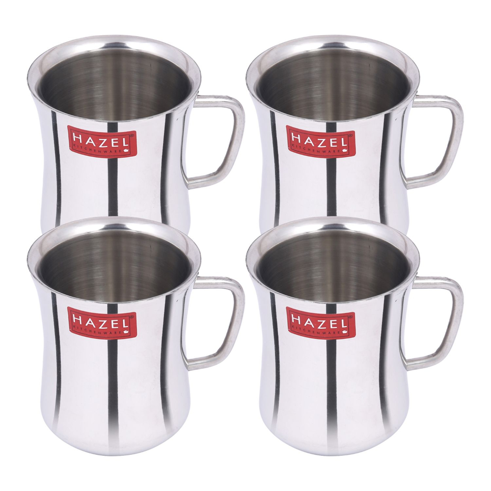 HAZEL Stainless Steel Green Tea Coffee Big Damaru Plain Mug, Set of 4, 200 ml (Each)