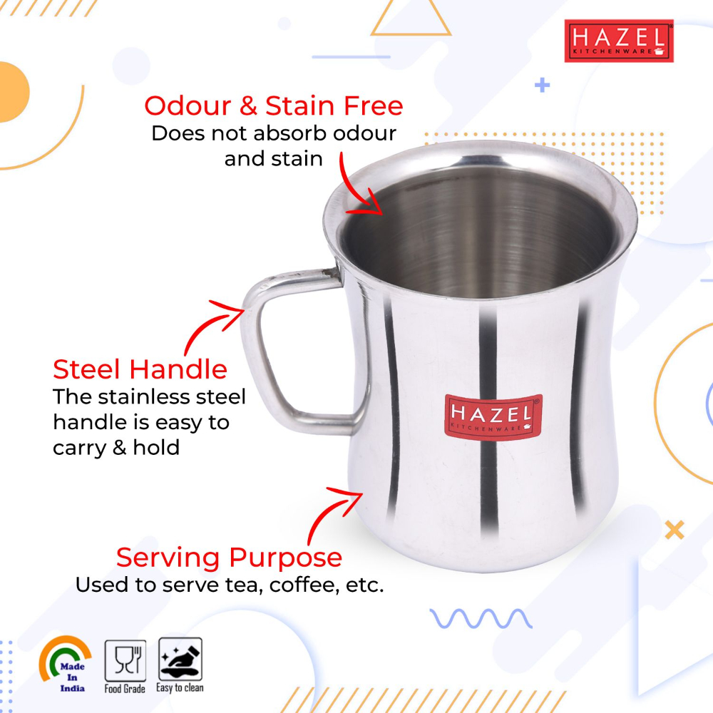 HAZEL Stainless Steel Green Tea Coffee Big Damaru Plain Mug, Set of 4, 200 ml (Each)