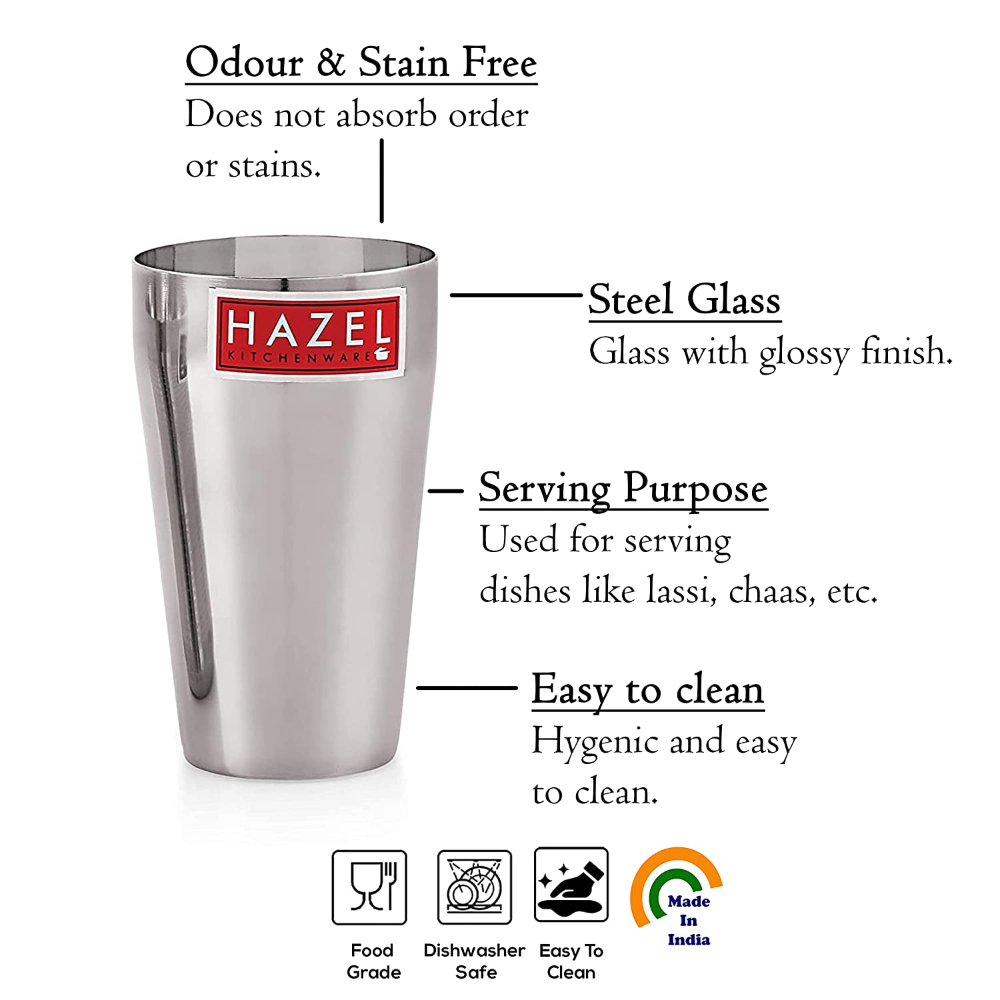 HAZEL Stainless Steel Plain Traditional Jumbo Water Lassi Glass Set of 5, 750 ML Each