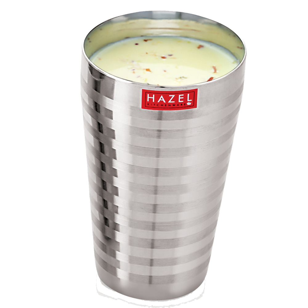 HAZEL Stainless Steel Stripped Design Traditional Shape Jumbo Water Lassi Glass Set of 2, 750 ML Each