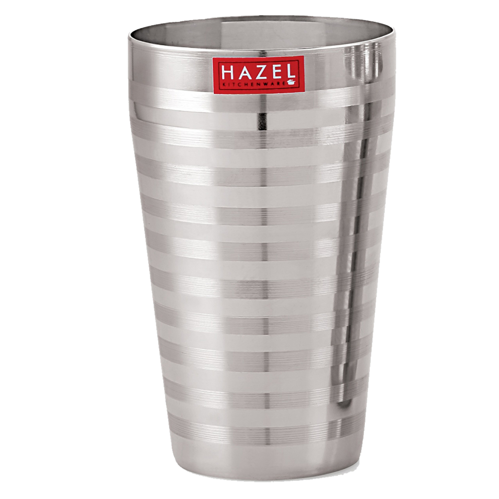 HAZEL Stainless Steel Stripped Design Traditional Shape Jumbo Water Lassi Glass Set of 2, 750 ML Each