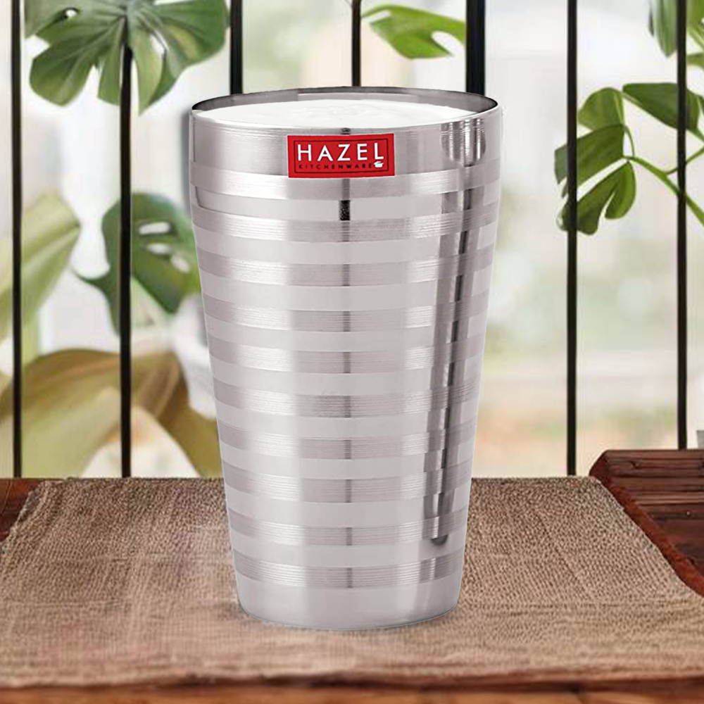 HAZEL Stainless Steel Stripped Design Traditional Shape Jumbo Water Lassi Glass Set of 2, 750 ML Each