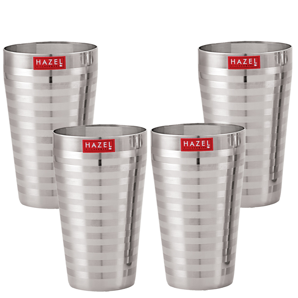 HAZEL Stainless Steel Stripped Design Traditional Shape Jumbo Water Lassi Glass Set of 4, 750 ML Each