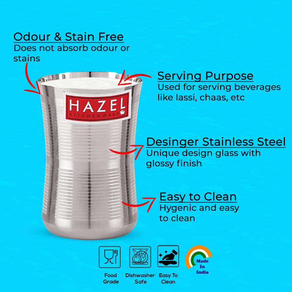 HAZEL Stainless Steel Damru Shape Jumbo Water Lassi Glass Set of 3, 650 ML Each