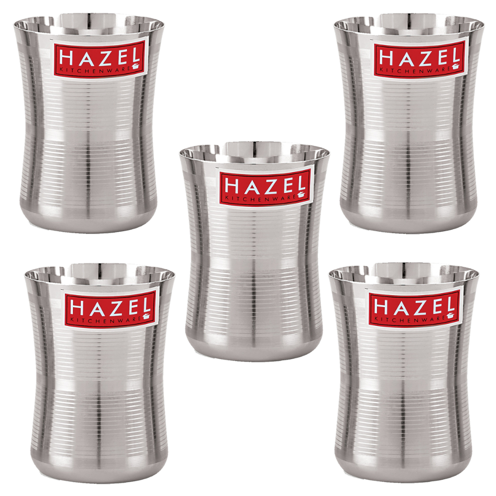 HAZEL Stainless Steel Damru Shape Jumbo Water Lassi Glass Set of 5, 650 ML Each