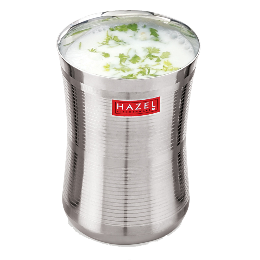 HAZEL Stainless Steel Damru Shape Jumbo Water Lassi Glass Set of 5, 650 ML Each