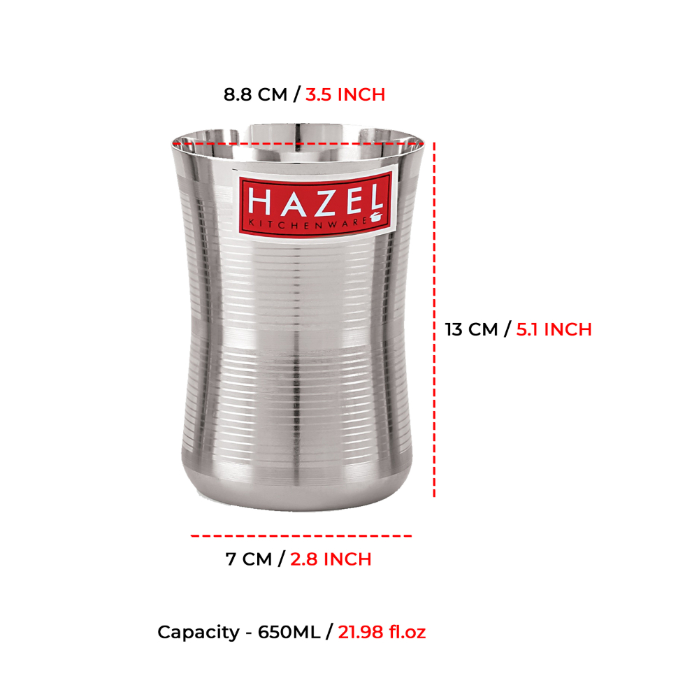 HAZEL Stainless Steel Damru Shape Jumbo Water Lassi Glass Set of 5, 650 ML Each