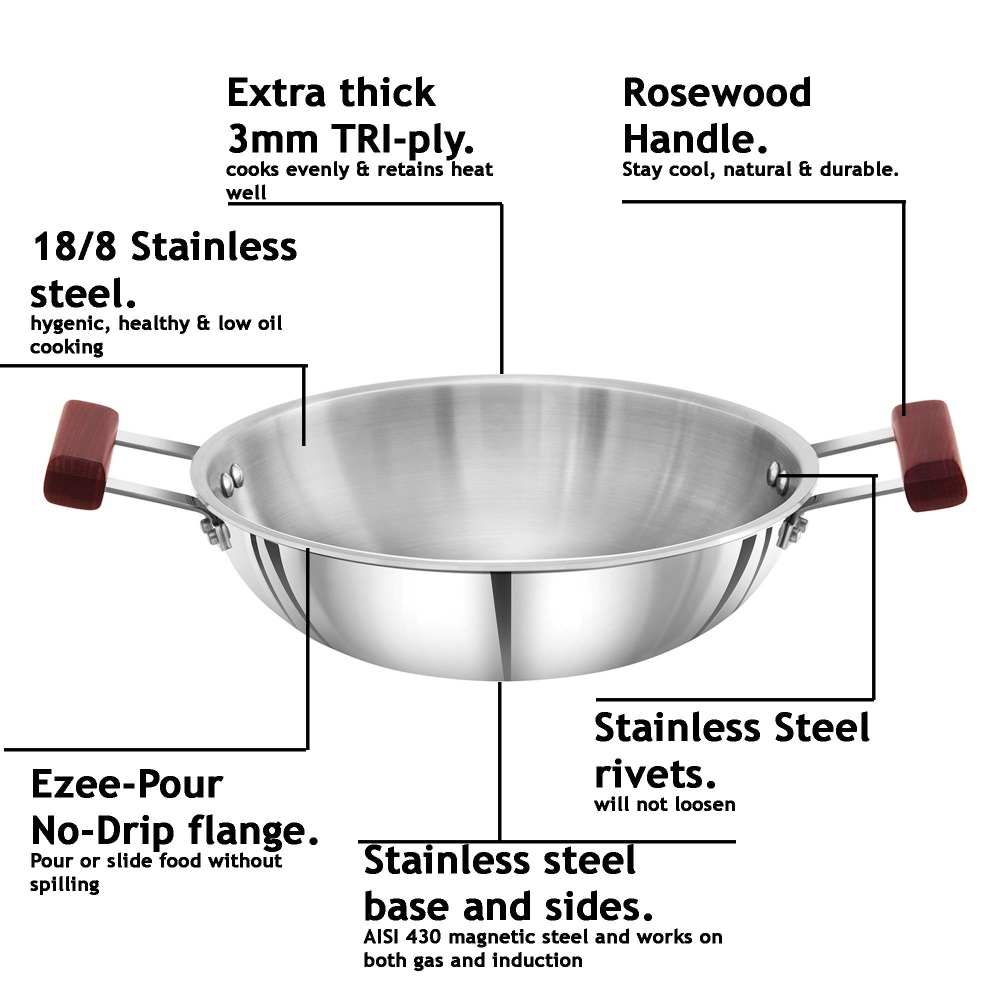 Hawkins Triply 3 mm Extra-Thick Stainless Steel Frying Pan 26 cm with Lid and Kadhai 2.5 Ltr with Lid