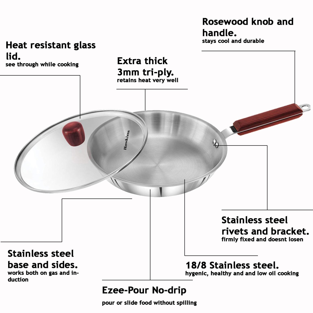 Hawkins Triply 3 mm Extra-Thick Stainless Steel Frying Pan 26 cm with Lid and Kadhai 2.5 Ltr with Lid