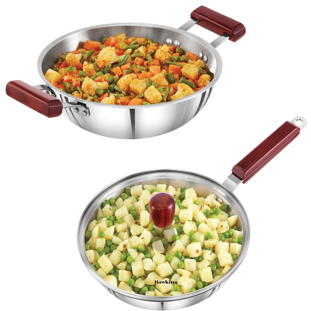 Hawkins Triply 3 mm Extra-Thick Stainless Steel Frying Pan 26 cm with Lid and Kadhai 2.5 Ltr with Lid