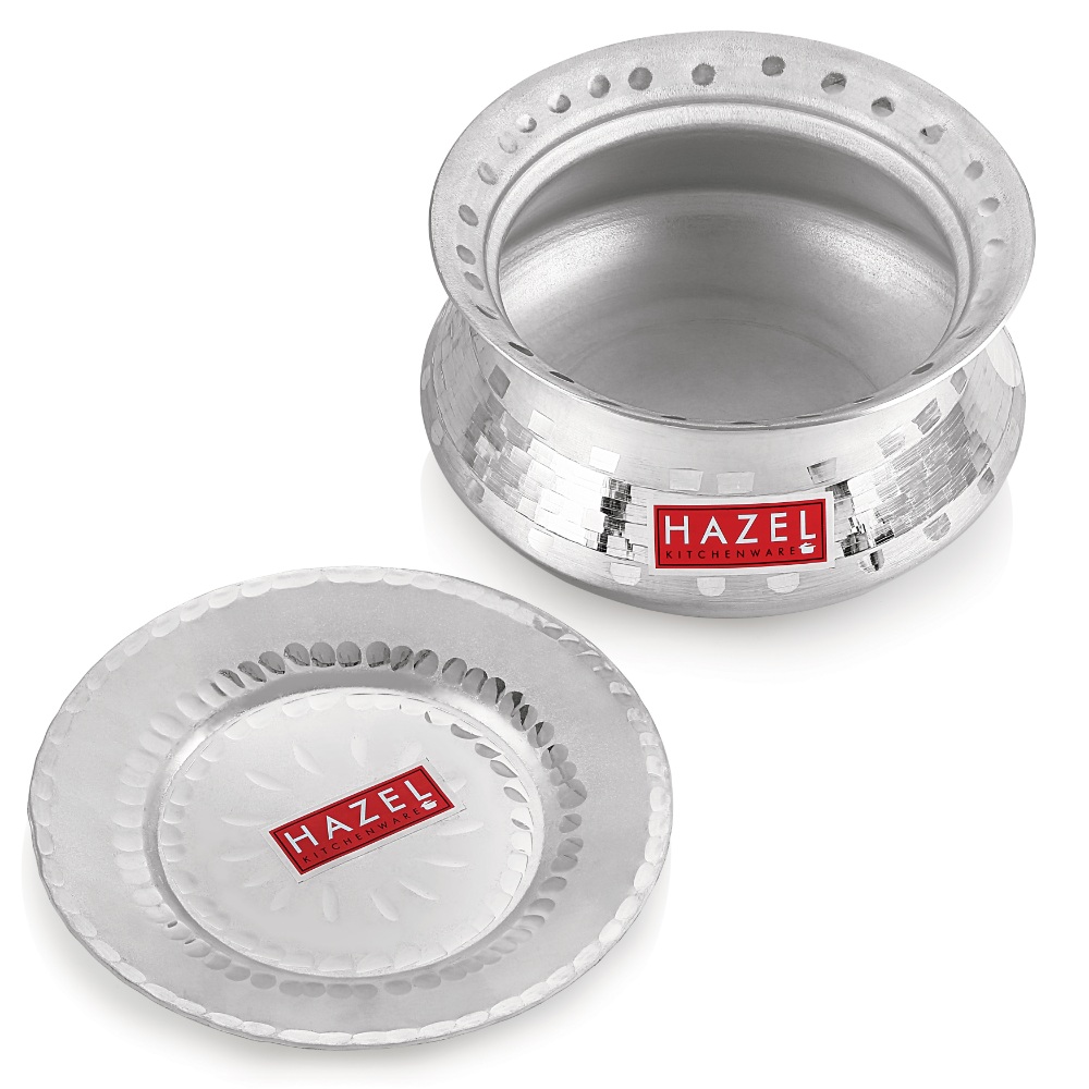 HAZEL Aluminium Handi with Lid Machine Hammered Finish Biryani Rice Cooking Pot Dhari Patiya Patila Tope Vessel, 24 cm, 3200 ML Silver