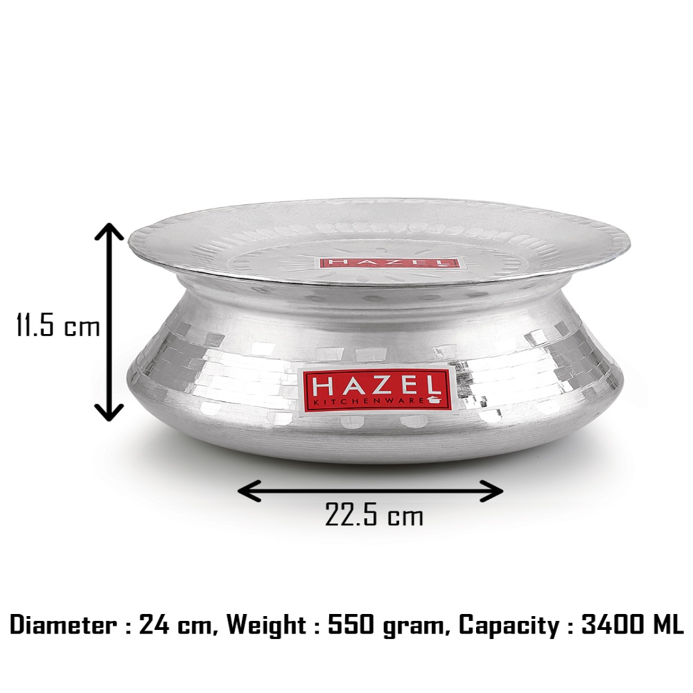 HAZEL Aluminium Handi with Lid Machine Hammered Finish Biryani Rice Cooking Pot Dhari Patiya Patila Tope Vessel, 24 cm, 3200 ML Silver