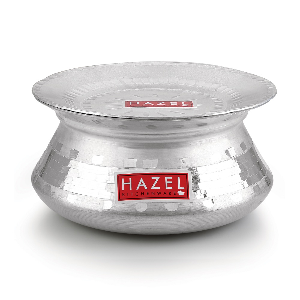 HAZEL Aluminium Handi with Lid Machine Hammered Finish Biryani Rice Cooking Pot Dhari Patiya Patila Tope Vessel, 24 cm, 3200 ML Silver