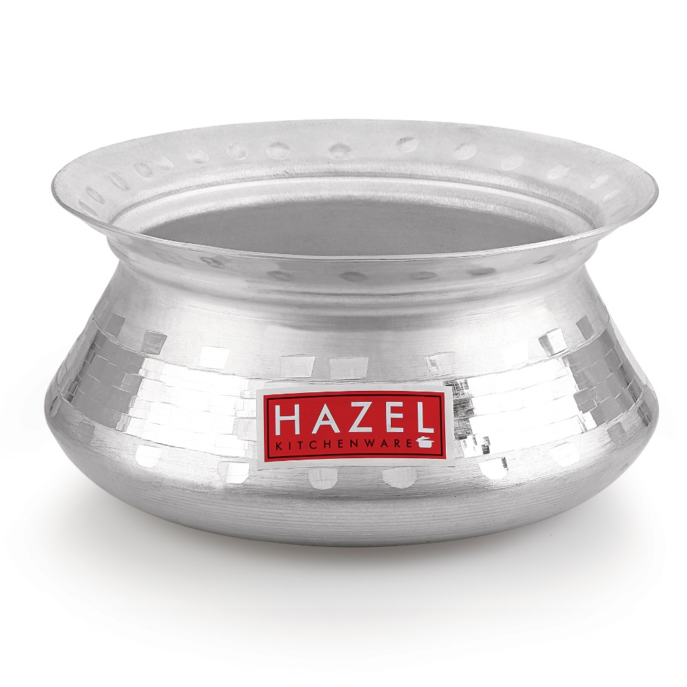 HAZEL Aluminium Handi with Lid Machine Hammered Finish Biryani Rice Cooking Pot Dhari Patiya Patila Tope Vessel, 24 cm, 3200 ML Silver