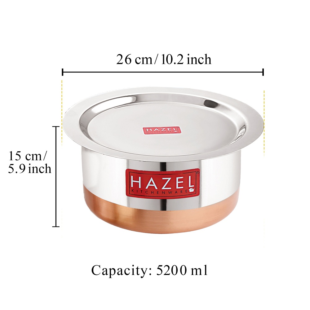 HAZEL Steel Copper Bottom Tope with Lid | Copper Bottom Vessels For Cooking |Copper Bottom Cooking Utensils | Stainless Steel Tope Patila, Capacity 5200 ml