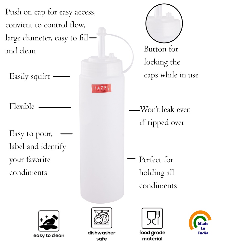 HAZEL Transparent Sauce Bottle with Cap | Squeeze Bottle for Commercial Use | Ideal for using at Home & Restaurent,Transparent, 760 ml, Set of 4