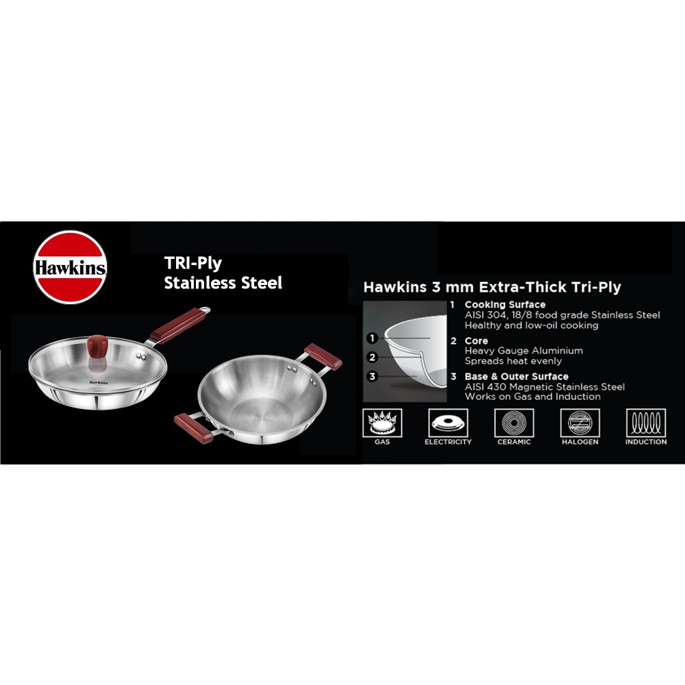 Hawkins Triply 3 mm Extra-Thick Stainless Steel Frying Pan 26 cm with Lid and Kadhai 2.5 Ltr with Lid