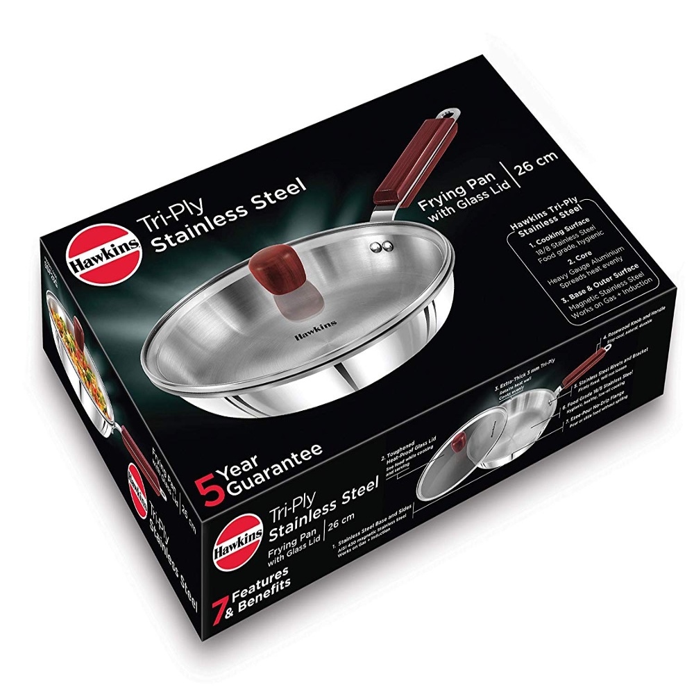 Hawkins Triply 3 mm Extra-Thick Stainless Steel Frying Pan 26 cm with Lid and Kadhai 2.5 Ltr with Lid