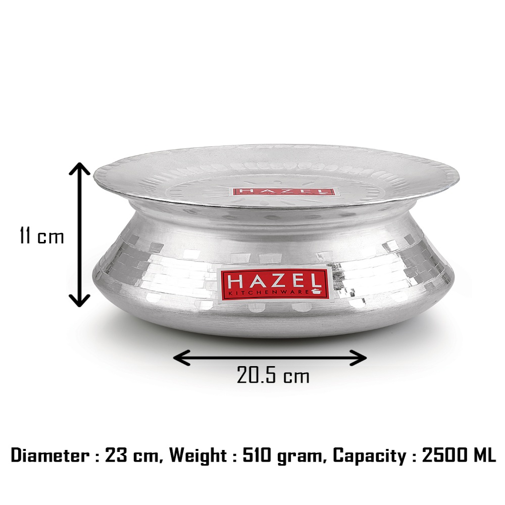 HAZEL Aluminium Handi with Lid Machine Hammered Finish Biryani Rice Cooking Pot Dhari Patiya Patila Tope Vessel, 23 cm, 2500 ML Silver