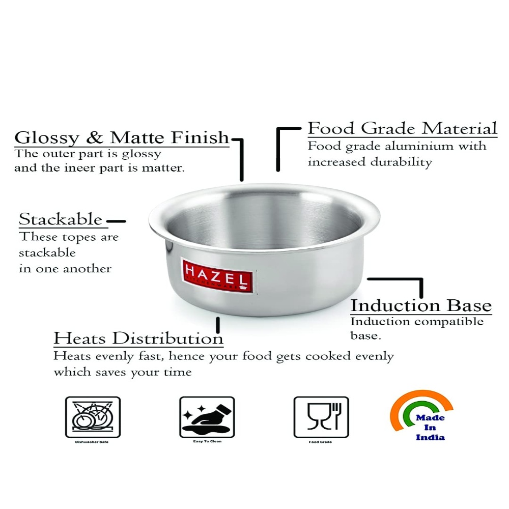 HAZEL Aluminium Induction Base Flat Bottom Patila Tope Pot, Set of 3 Pcs- 1125 ml, 1400 ml, 2000 ml.