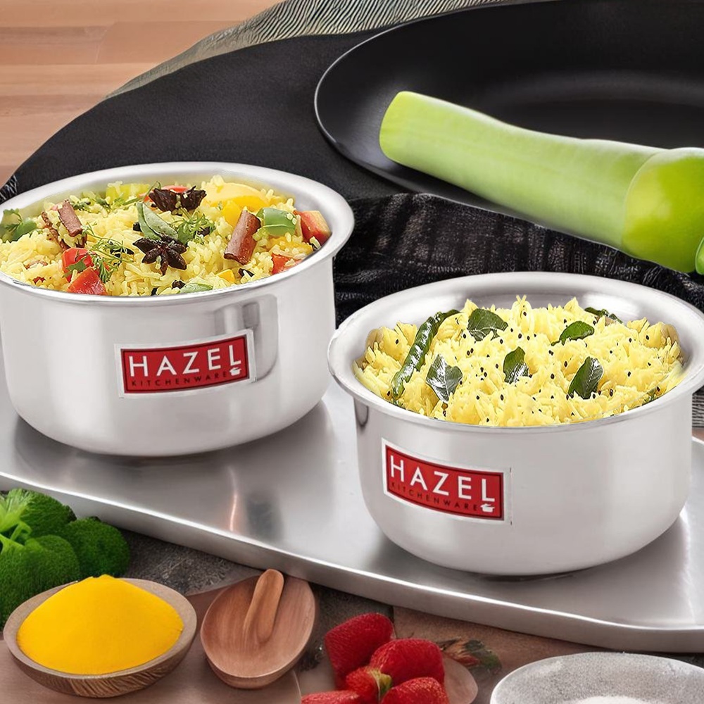 HAZEL Aluminium Induction Base Flat Bottom Patila Tope Pot, Set of 2, 1125 ml-1400 ml, Silver