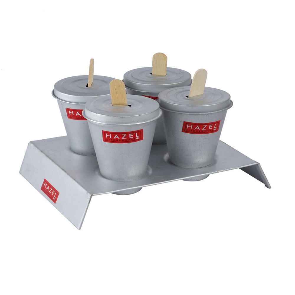 HAZEL Aluminium Kulfi Ice Cream Mould Set of 4 with Stand & 12 Ice Cream Sticks