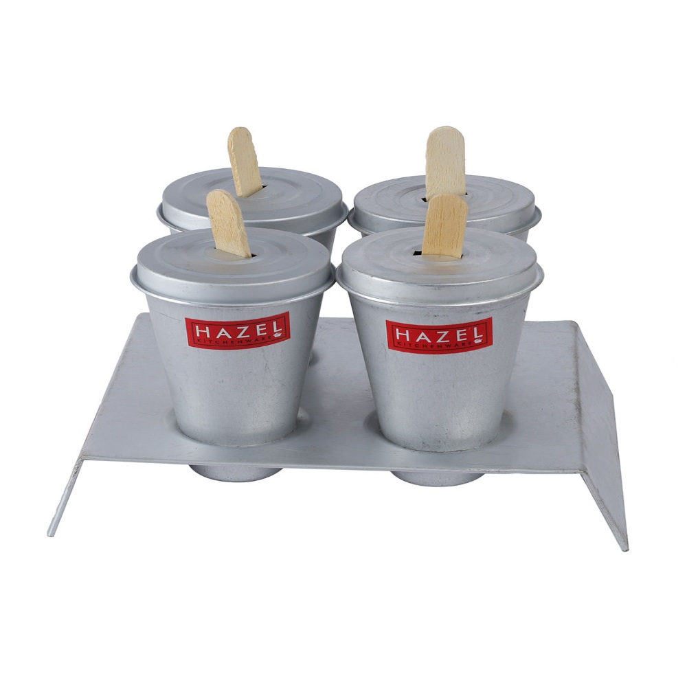 HAZEL Aluminium Kulfi Ice Cream Mould Set of 4 with Stand & 12 Ice Cream Sticks