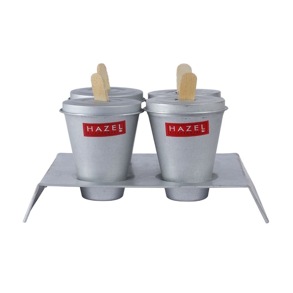 HAZEL Aluminium Kulfi Mould Indian Ice Cream Maker Set of 4 with Stand and 12 Ice Cream Sticks For Home Party Supplies