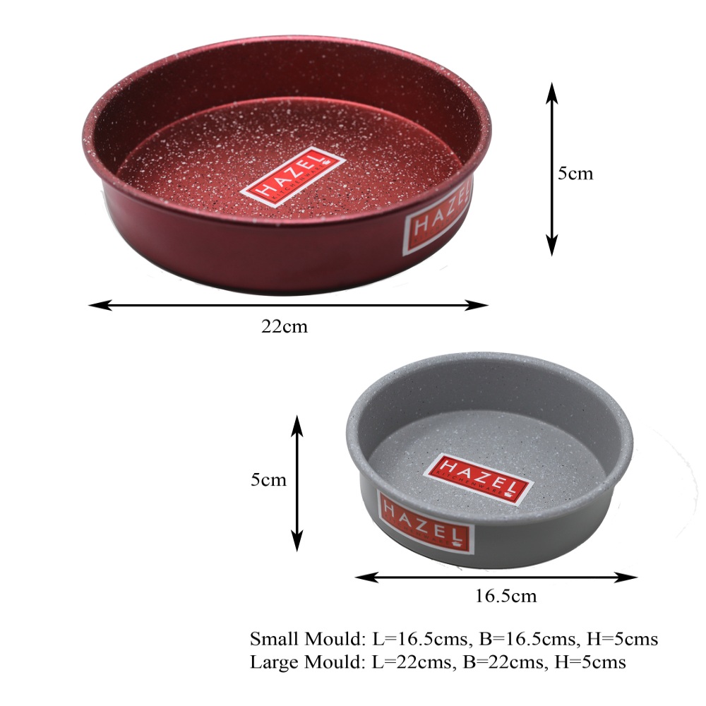 HAZEL Alfa Heavy Gauge Preimium Aluminium Granite Finish Non Stick Microwave Safe 2 Pc Mould Combo, 1 Small Grey Cake Mould With 1 Large Red Cake Mould