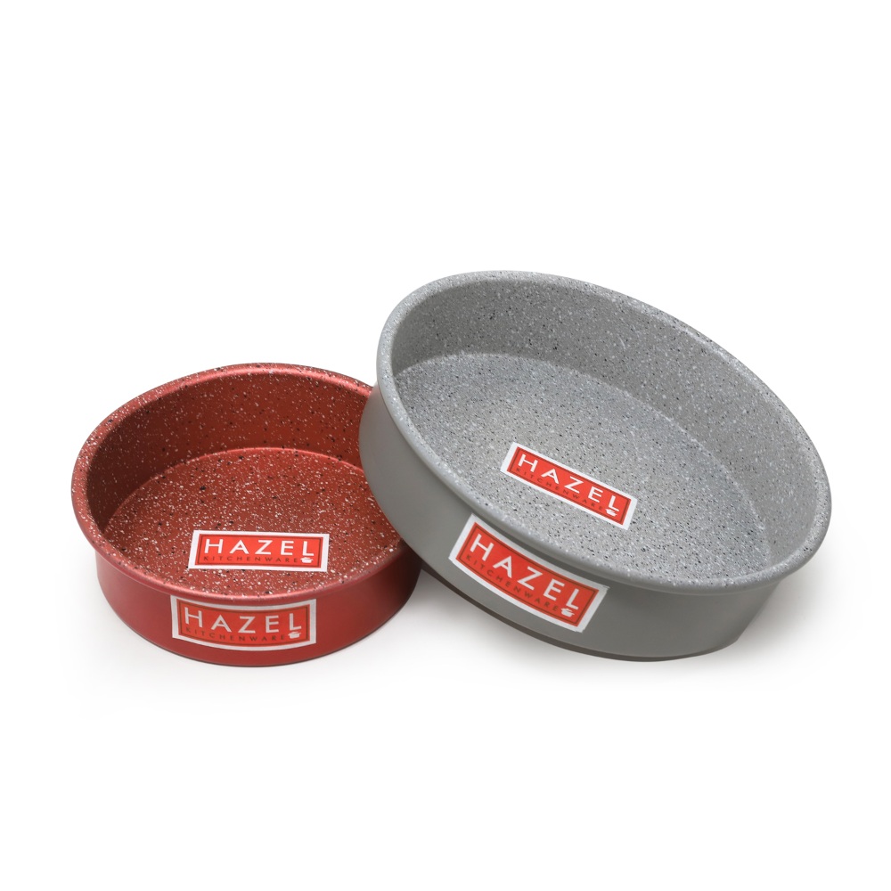 HAZEL Alfa Heavy Gauge Preimium Aluminium Granite Finish Non Stick Microwave Safe 2 Pc Mould Combo, 1 Small Red Cake Mould With 1 Large Grey Cake Mould