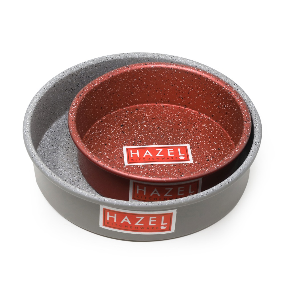 HAZEL Alfa Heavy Gauge Preimium Aluminium Granite Finish Non Stick Microwave Safe 2 Pc Mould Combo, 1 Small Red Cake Mould With 1 Large Grey Cake Mould