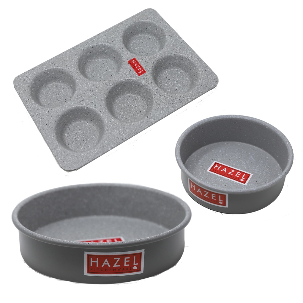 HAZEL Alfa Heavy Gauge Preimium Aluminium Granite Finish Non Stick Microwave Safe 3 Pc Mould Combo, Large Cake Mould With 1 Small Mould & 1 Muffin Mould, Grey