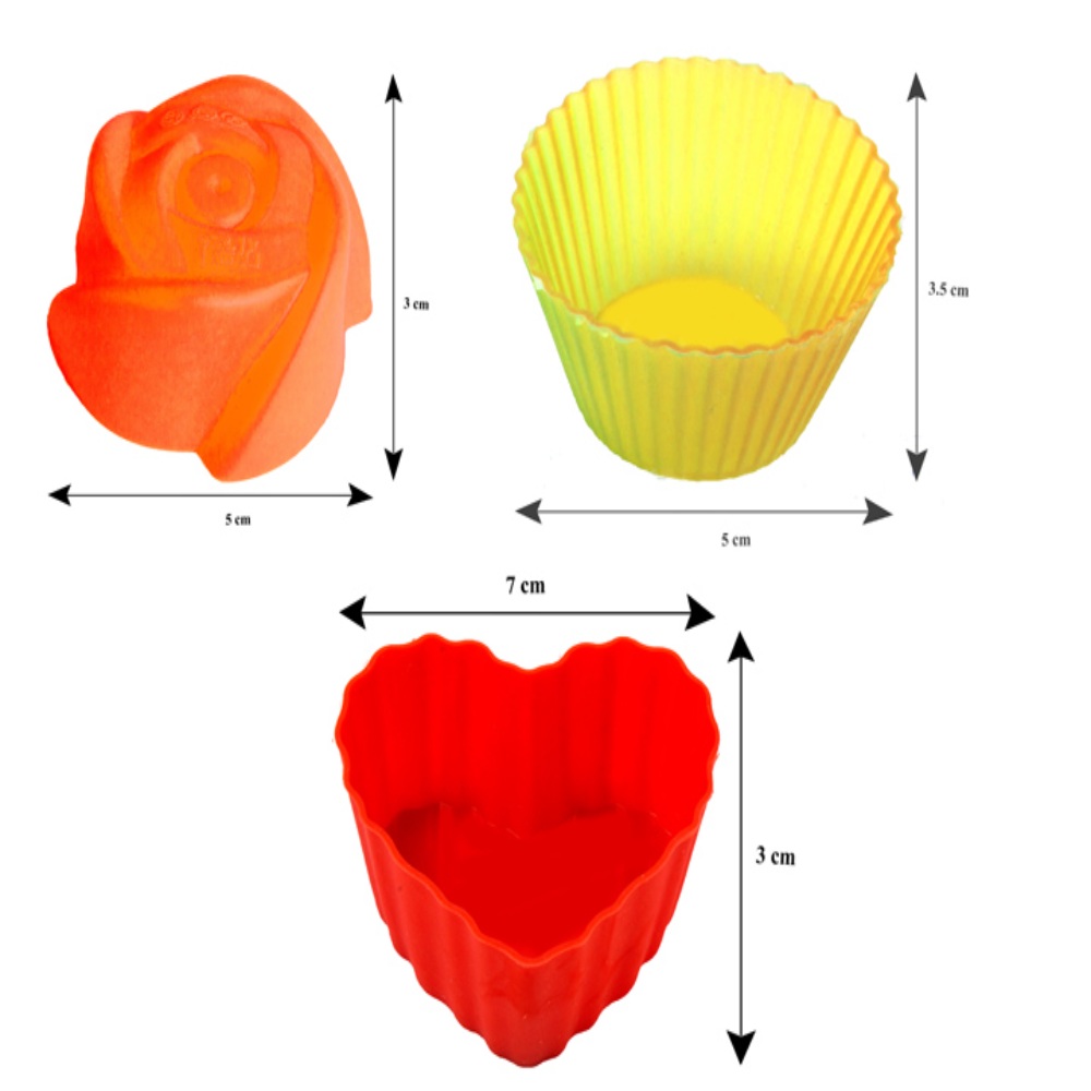 HAZEL Silicone Muffin Mould (Rose, Round and Heart Shape), 12 Pcs, Multicolor