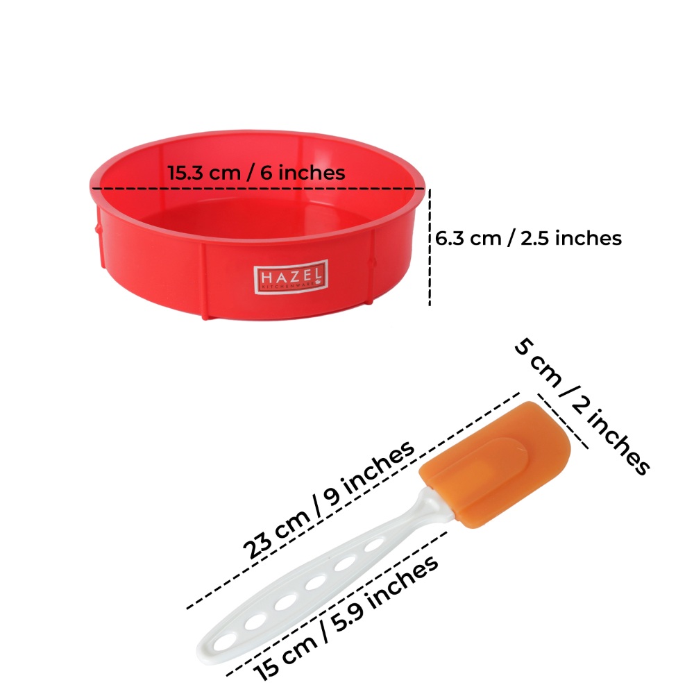 HAZEL Small Silicon Red Round Shape Cake Mould for Half Kg with Orange Spatula