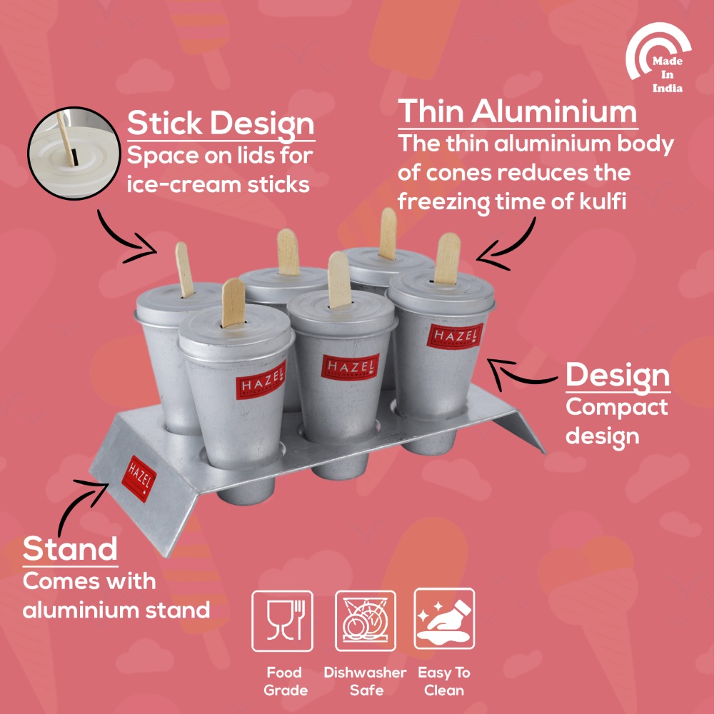 HAZEL Aluminium Kulfi Mould |Kulfi Moulds Set of 12 with 2 Stand & 24 Ice Cream Sticks DIY Kit |Reusable Ice Cream Maker Popsicle Mould