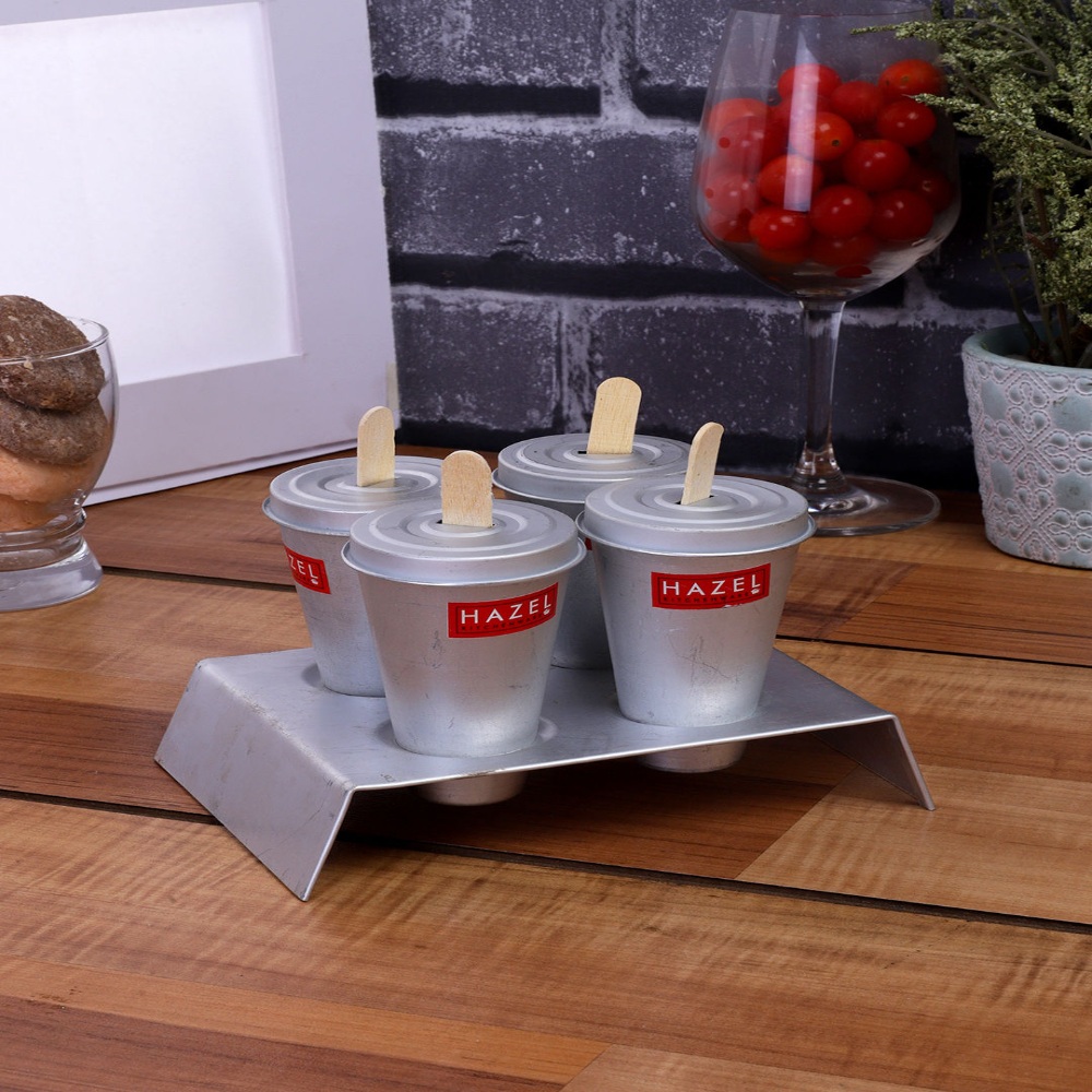 HAZEL Aluminium Kulfi Ice Cream Mould Set of 4 with Stand & 12 Ice Cream Sticks