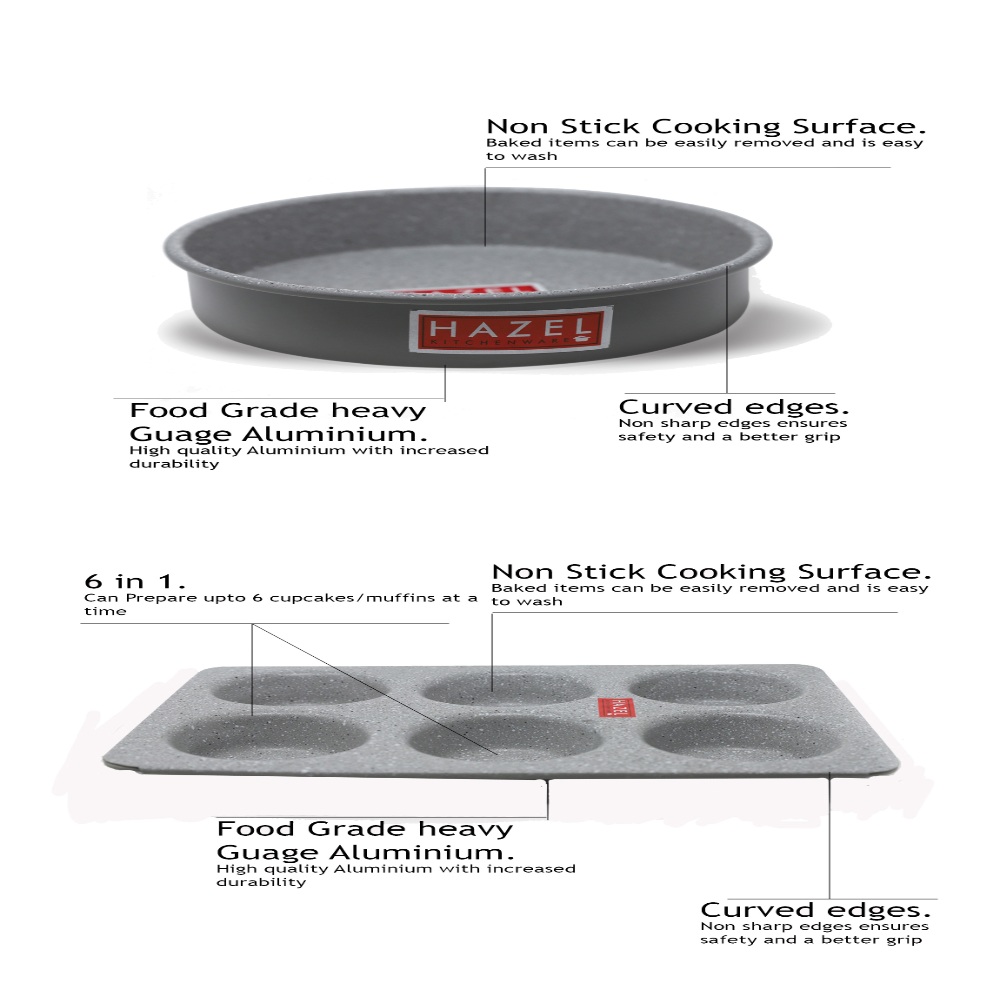 HAZEL Alfa Heavy Gauge Preimium Aluminium Granite Finish Non Stick Microwave Safe 2 Pc Mould Combo, 1 Large Cake Mould With 1 Muffin Tray, Grey