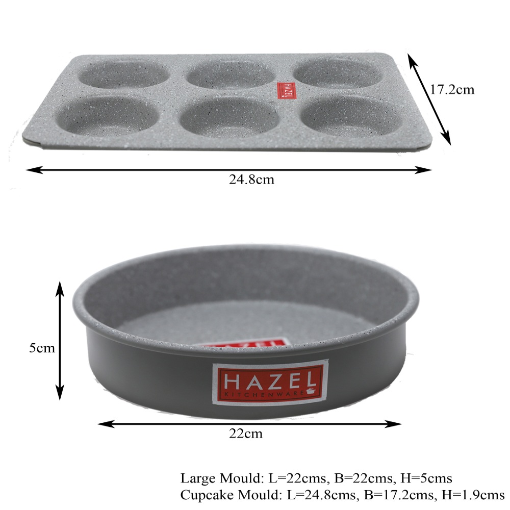 HAZEL Alfa Heavy Gauge Preimium Aluminium Granite Finish Non Stick Microwave Safe 2 Pc Mould Combo, 1 Large Cake Mould With 1 Muffin Tray, Grey