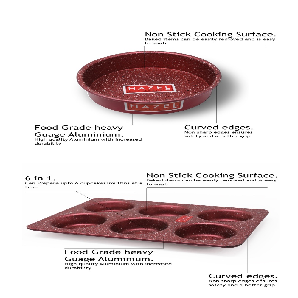 HAZEL Alfa Heavy Gauge Preimium Aluminium Granite Finish Non Stick Microwave Safe 2 Pc Mould Combo, 1 Small Cake Mould With 1 Muffin Tray, Red