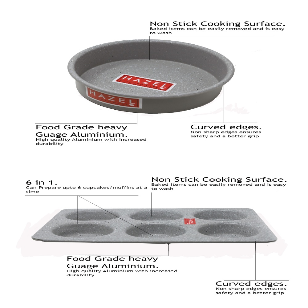 HAZEL Alfa Heavy Gauge Preimium Aluminium Granite Finish Non Stick Microwave Safe 2 Pc Mould Combo, 1 Small Cake Mould With 1 Muffin Tray, Grey