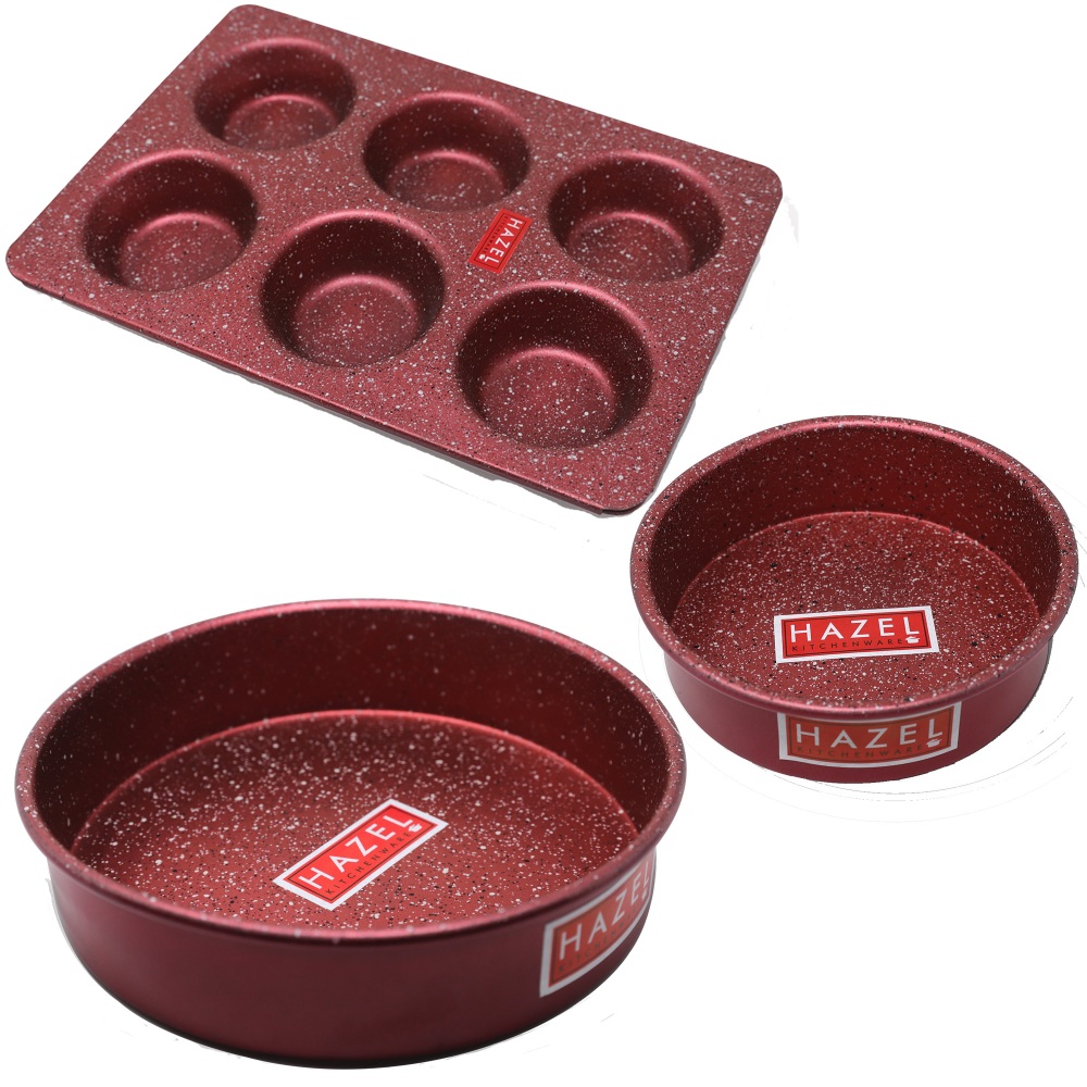 HAZEL Alfa Heavy Gauge Preimium Aluminium Granite Finish Non Stick Microwave Safe 3 Pc Mould Combo, Large Cake Mould With 1 Small Mould & 1 Muffin Mould, Red