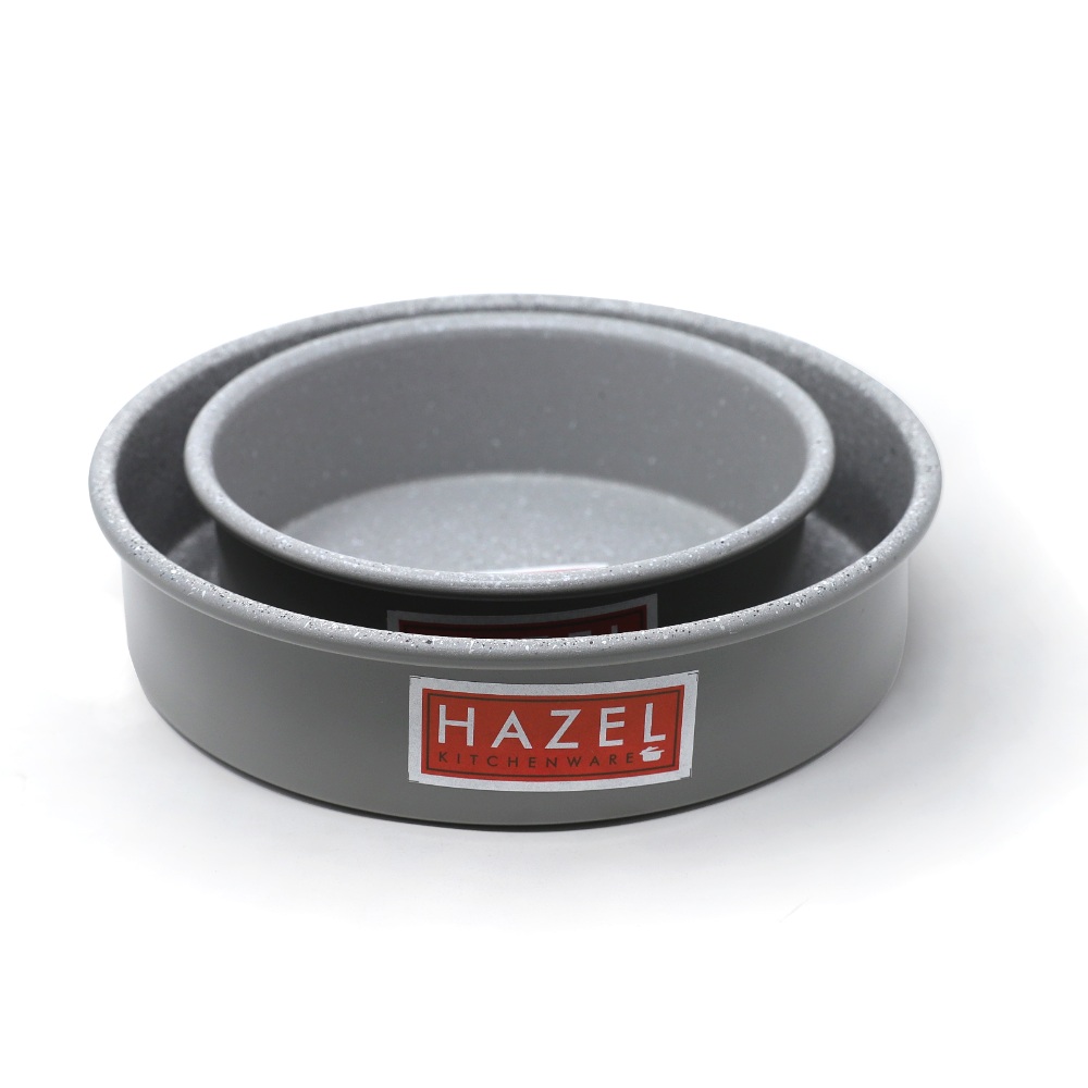 HAZEL Alfa Heavy Gauge Preimium Aluminium Granite Finish Non Stick Microwave Safe 2 Pc Mould Combo, 1 Large Cake Mould With 1 Small Cake Mould, Grey