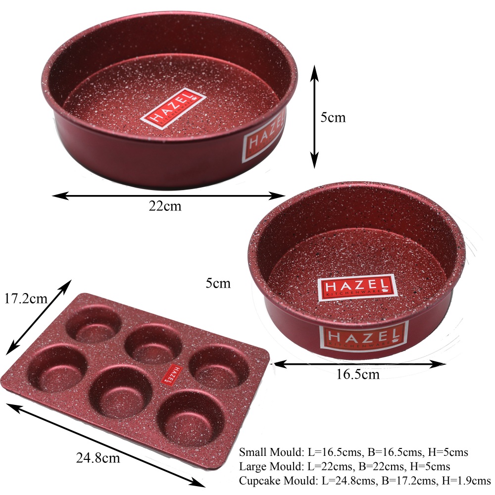 HAZEL Alfa Heavy Gauge Preimium Aluminium Granite Finish Non Stick Microwave Safe 3 Pc Mould Combo, Large Cake Mould With 1 Small Mould & 1 Muffin Mould, Red