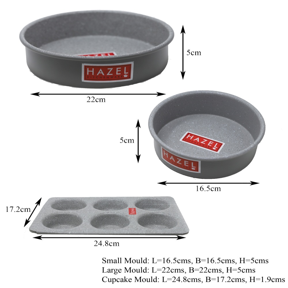 HAZEL Alfa Heavy Gauge Preimium Aluminium Granite Finish Non Stick Microwave Safe 3 Pc Mould Combo, Large Cake Mould With 1 Small Mould & 1 Muffin Mould, Grey